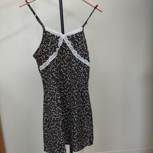 ROMWE Black Floral Print Slip Dress with White & Green Accents  Size S  Us 4